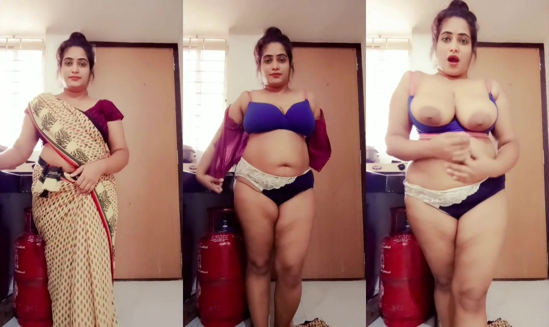 Desi Indian Housewife Strip and rubbing in kitchen