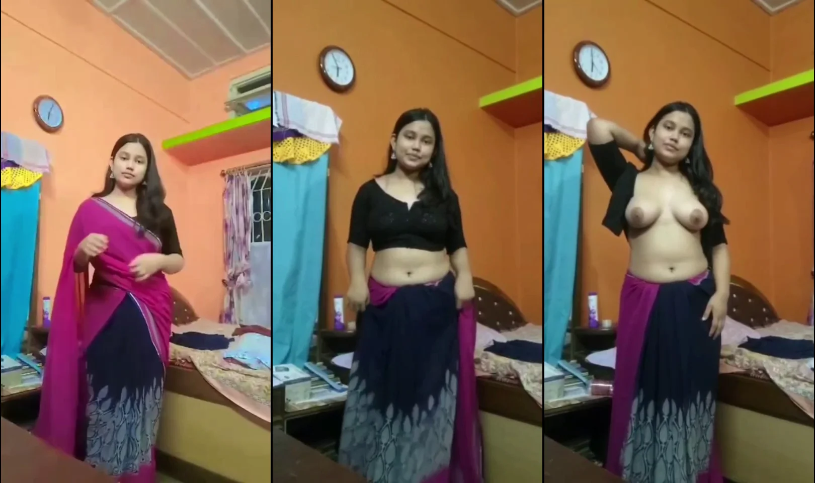Desi Cute Shy Girl in Saree Showing Boobs by Removing Blouse